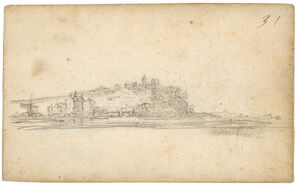 View on the Abbey: the hill of Eltenberg and the castle at Lobith (recto); A sailboat on the water (verso)