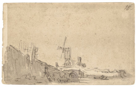 Jan van Goyen, ‘Amsterdam: windmill above an arched bridge, at left a quay wall’, 1651