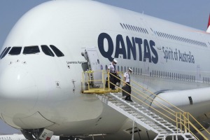 Crew members leave a Qantas Airbus A380.