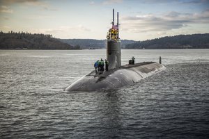 In this Dec. 15, 2016, photo, provided by the U.S. Navy, the Seawolf-class fast-attack submarine USS Connecticut (SSN 22) departs Puget Sound Naval Shipyard for sea trials following a maintenance availability.