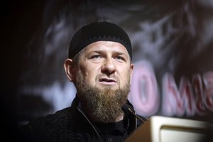 FILE - In this Friday, May 10, 2019 file photo, Chechnya's regional leader Ramzan Kadyrov speaks during a meeting in Grozny, Russia. The U.S. State Department on Monday announced sanctions against Kadyrov and his family over human rights abuses. (AP Photo/Musa Sadulayev, file)