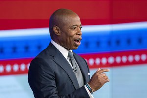 Eric Adams, Brooklyn borough president and Democratic candidate for New York City mayor, speaks during a debate with Republican mayoral candidate Curtis Sliwa at the ABC-7 studios in New York, Tuesday, Oct. 26, 2021.