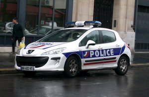 Peugeot of the national police, in front of the police station of the 3rd arrondissement in Paris, France