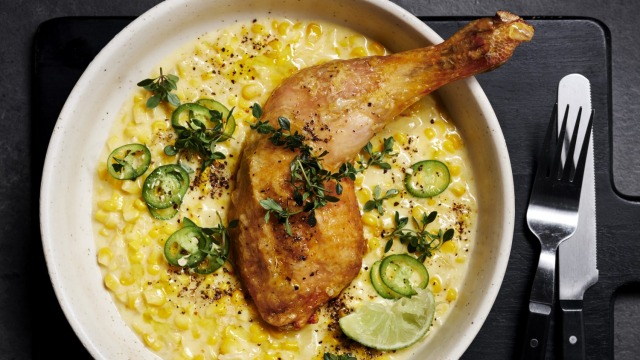 Green chilli chicken with cheesy creamed corn.