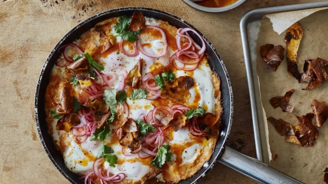 Plant-based twist: Sweet potato shakshuka with sriracha butter and pickled onions.