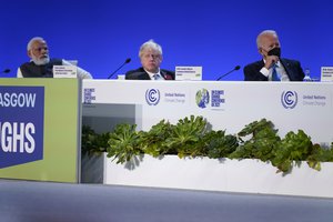 India's Prime Minister Narendra Modi, Britain's Prime Minister Boris Johnson and President Joe Biden listen during the "Accelerating Clean Technology Innovation and Deployment" event at the COP26 U.N. Climate Summit, Tuesday, Nov. 2, 2021, in Glasgow, Scotland