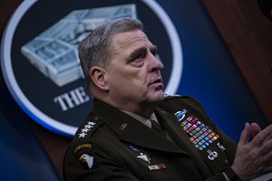 Defense Secretary Dr. Mark T. Esper hosts a virtual global town hall meeting with Joint Chief of Staff Chairman Gen. Mark A. Milley and Senior Enlisted Advisor to the Chairman Ramón "CZ" Colón-López, the Pentagon Briefing Room, Washington, D.C., Sept. 24, 2020.