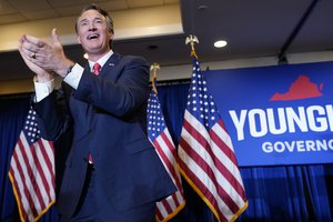 Virginia Gov.-elect Glenn Youngkin arrives to speak at an election night party in Chantilly, Va., early Wednesday, Nov. 3, 2021, after he defeated Democrat Terry McAuliffe