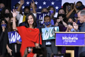 Boston Mayor-elect Michelle Wu greets supporters at her election night party, Tuesday Nov. 2, 2021, in Boston