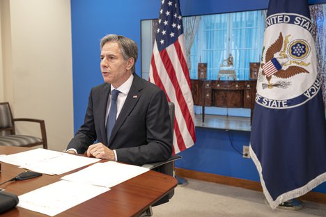 Secretary of State Antony J. Blinken delivers virtual remarks at the swearing-in ceremony for the joint 162nd -208th Foreign Service Orientation Class from the U.S. Department of State in Washington, D.C., on October 15, 2021.