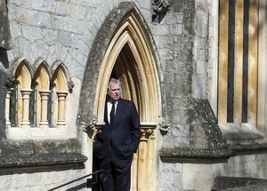 Britain's Prince Andrew attends the Sunday service at the Royal Chapel of All Saints at Royal Lodge, Windsor, following the death announcement of his father, Prince Philip, in England, Sunday, April 11, 2021.