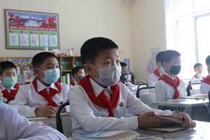 Students wearing face masks take a class at Kim Song Ju Primary School in Pyongyang, North Korea, Wednesday, June 3, 2020