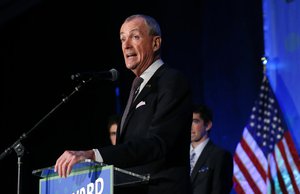 New Jersey Gov. Phil Murphy delivers his victory speech in front of supporters at Convention Hall after winning the gubernatorial race against Jack Ciattarelli Wednesday, Nov. 3, 2021, in Asbury Park