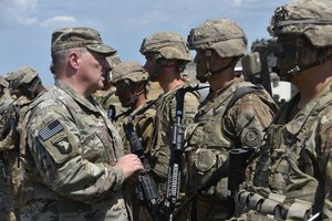 TBILISI, Georgia -- Chief of Staff of the Army Gen. Mark A. Milley visits with Chief of General Staff of Georgian Armed Forces, Brigadier General Vladimer Chachibaia at Vaziani Military Base for Noble Partner 17.  Noble Partner 17 (NP17) is a European Rotational Force (ERF) exercise of Georgia's light infantry company contribution to the NATO Response Force (NRF) 10 August 2017.