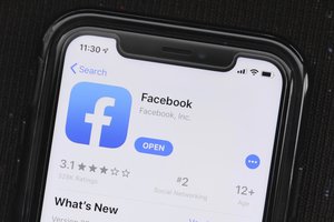 FILE - In this July 30, 2019, file photo, the social media application, Facebook is displayed on Apple's App Store.