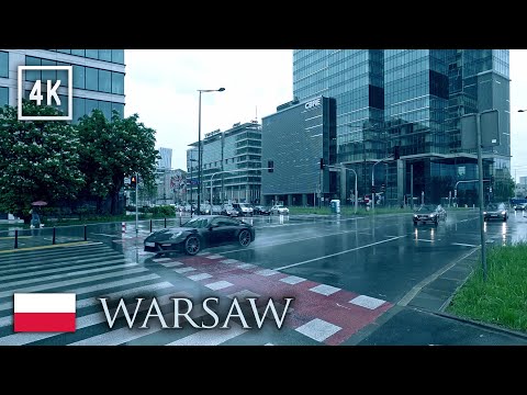 Walking in the Rain in Downtown Warsaw, Poland. 4K City Walk