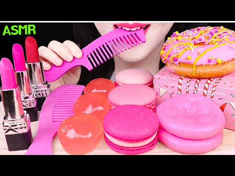 ASMR PINK FOODS *EDIBLE HAIR COMB, EDIBLE LIPSTICK, STRAWBERRY MACARON 먹는 빗, 먹는 립스틱 먹방 EATING SOUNDS