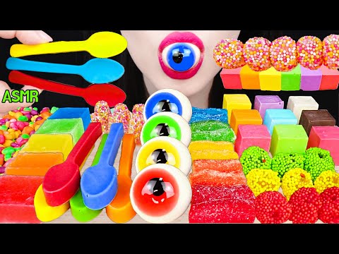 ASMR RAINBOW EDIBLE SPOON, EYEBALL JELLY, KOHAKUTO, NERDS ROPE 먹는 숟가락, 눈알 젤리, 너드 로프젤리 먹방 MUKBANG