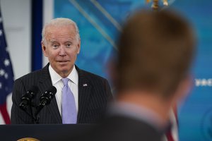 President Joe Biden talks about the newly approved COVID-19 vaccine for children ages 5-11 from the South Court Auditorium on the White House complex in Washington, Wednesday, Nov. 3, 2021.