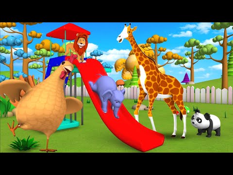 Elephant & Monkey Play with Forest Animals to Ride on Slider in Jungle | Animals Comedy Video