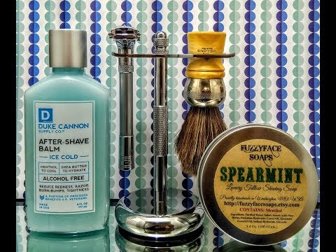 Parthenon Adjustable Razor, FuzzyFace Soaps Spearmint and Duke Cannon Ice Cold aftershave balm