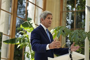 U.S. Special Presidential Envoy for Climate John Kerry delivers a policy speech in the Nash Conservatory at the Royal Botanic Gardens, Kew, in west London, on a hot sunny day, Tuesday, July 20, 2021.