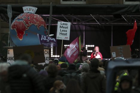 Climate activist Greta Thunberg speaks on stage after a protest march through the streets of Glasgow, Scotland, Friday, Nov. 5, 2021 which is the host city of the COP26 U.N. Climate Summit