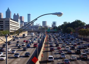 File - The I-75/I-85 Downtown Connector in Atlanta, Georgia, in the United States. The US Congress has approved an infrastructure spending package, including funds to improve highways and roads.