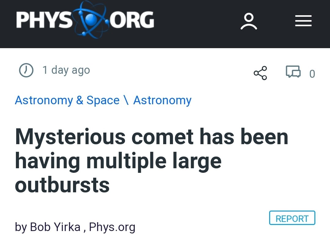 Screenshot of a Phys dot org headline which reads mysterious comet has been having multiple large outbursts