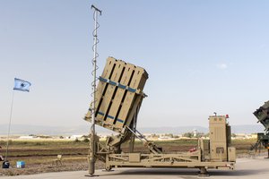 Iron Dome launcher at the Israeli Air Force exhibition at Ramat David AFB on Israel's 69th Independence Day