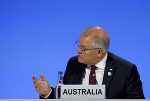 Australia's Prime Minister Scott Morrison attends a meeting during the UN Climate Change Conference COP26 in Glasgow, Scotland, Tuesday, Nov. 2, 2021.