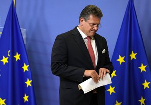 European Commissioner for Inter-institutional Relations and Foresight Maros Sefcovic leaves the podium after speaking during a media conference at EU headquarters in Brussels, Friday, Nov. 5, 2021.