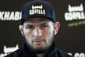 UFC lightweight champion Khabib Nurmagomedov attends a media conference in Moscow, Russia