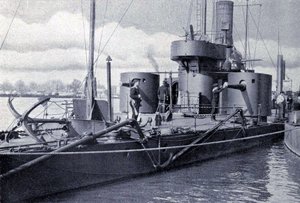 Austro-Hungarian river monitor SMS Bodrog on the river Danube in 1914