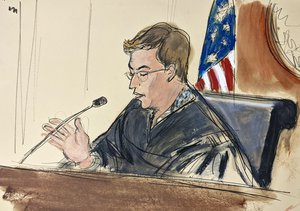 In this courtroom sketch, Judge Alison Nathan presiding over the Ghislaine Maxwell hearing Monday, Nov. 1, 2021, in New York.