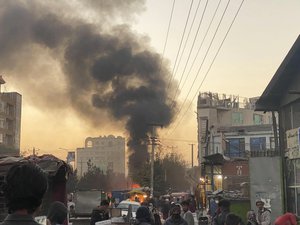 Smoke rise on the sky following a bomb explosion in Kabul, Afghanistan, on Saturday, Nov. 13, 2021.