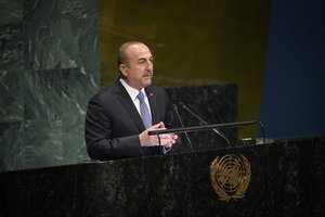 Mevlut Çavusoglu, Minister for Foreign Affairs of the Republic of Turkey, adresses the General Assembly meeting on the elimination of racism, racial discrimination, xenophobia and related intolerance, 02 April 2019.