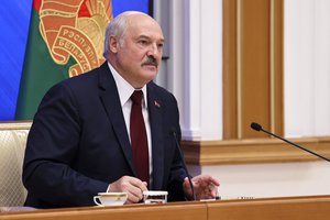 Belarusian President Alexander Lukashenko speaks during an annual press conference in Minsk, Belarus, Monday, Aug. 9, 2021