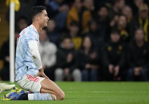 Manchester United's Cristiano Ronaldo reacts during the English Premier League soccer match between Watford and Manchester United at Vicarage Road, Watford, England, Saturday, Nov. 20, 2021.