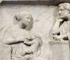 Mother breastfeeding a baby in the presence of the father. Detail from the sarcophagus of Marcus Cornelius Statius, who died as a young child