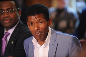 Olympic great Haile Gebrselassie speaking at the Olympic hunger summit in Downing Street, 12 August 2012