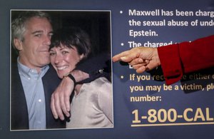 FILE - In this July 2, 2020, file photo, Audrey Strauss, acting U.S. attorney for the Southern District of New York, points to a photo of Jeffrey Epstein and Ghislaine Maxwell during a news conference in New York.