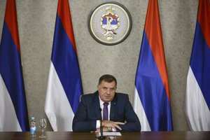 Bosnian Serb member of the tripartite Presidency of Bosnia Milorad Dodik speaks during a press conference after talks with U.S. Deputy Assistant Secretary of State Gabriel Escobar in the capital Sarajevo, Bosnia, Monday, Nov. 8, 2021.