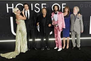 Lady Gaga, from left, Adam Driver, Al Pacino, Jared Leto, Giannina Facio and Ridley Scott attend "The House of Gucci" LA premiere at the Academy Museum of Motion Pictures on Thursday, Nov. 18, 2021, in Los Angeles.