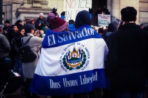 El Salvador flag, a day without immigrants march & rally