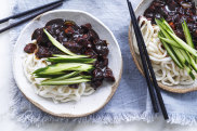 Udon noodles in black bean sauce.