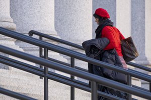 Sarah Ransome, an alleged victim of Jeffrey Epstein and Ghislaine Maxwell, arrives to the courthouse for the start of Maxwell's trial in New York, Monday, Nov. 29, 2021