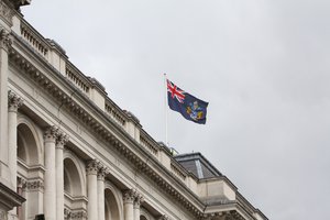 The flag of Tristan da Cunha flies on the Foreign Office building in London, 14 August 2015, UK