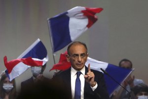 French far right presidential candidate Eric Zemmour delivers his speech during his first rally, Sunday, Dec. 5, 2021 in Villepinte, north of Paris