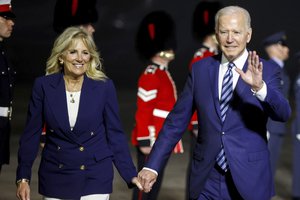 US President Joe Biden and First Lady Jill Biden arrive on Air Force One at Cornwall Airport Newquay, near Newquay ahead of the G7 summit in Cornwall. Picture date: Wednesday June 9, 2021. PA Photo. See PA story POLITICS G7. Photo credit should read: Phil Noble/PA Wire